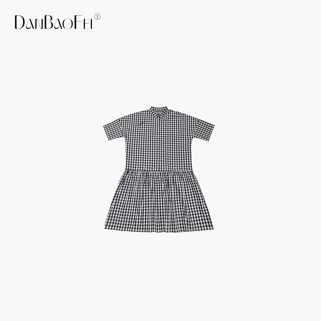 【DAMEI】法式复古棉质文艺翻领定织格子松弛感宽松连身裙 YLM00957