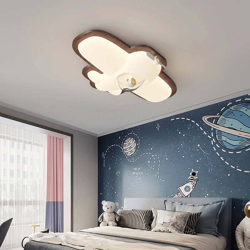 【九木】胡桃木色原木奶油风卧室创意个性飞机儿童卡通护眼吸顶灯