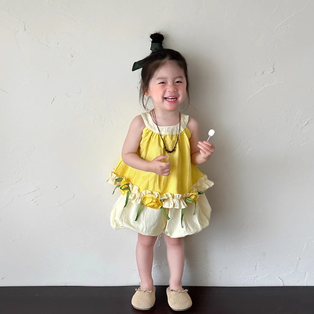 女童夏装甜美吊带花苞裤小女孩多巴胺套装背心短裤宝宝夏季衣服