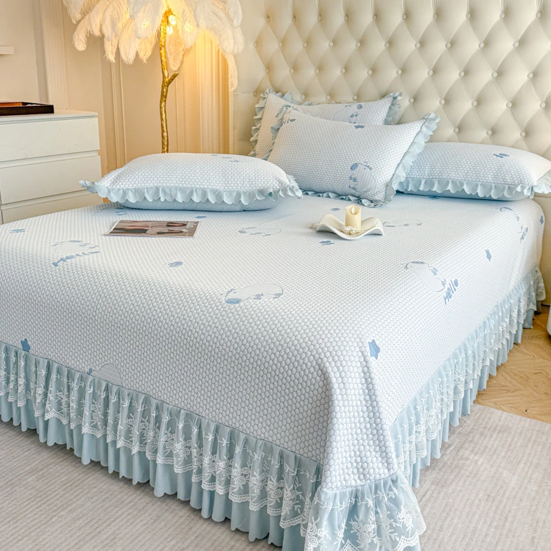 新款冰豆豆凉席三件套透气舒适可机洗蕾丝花边公主风软席子夏季