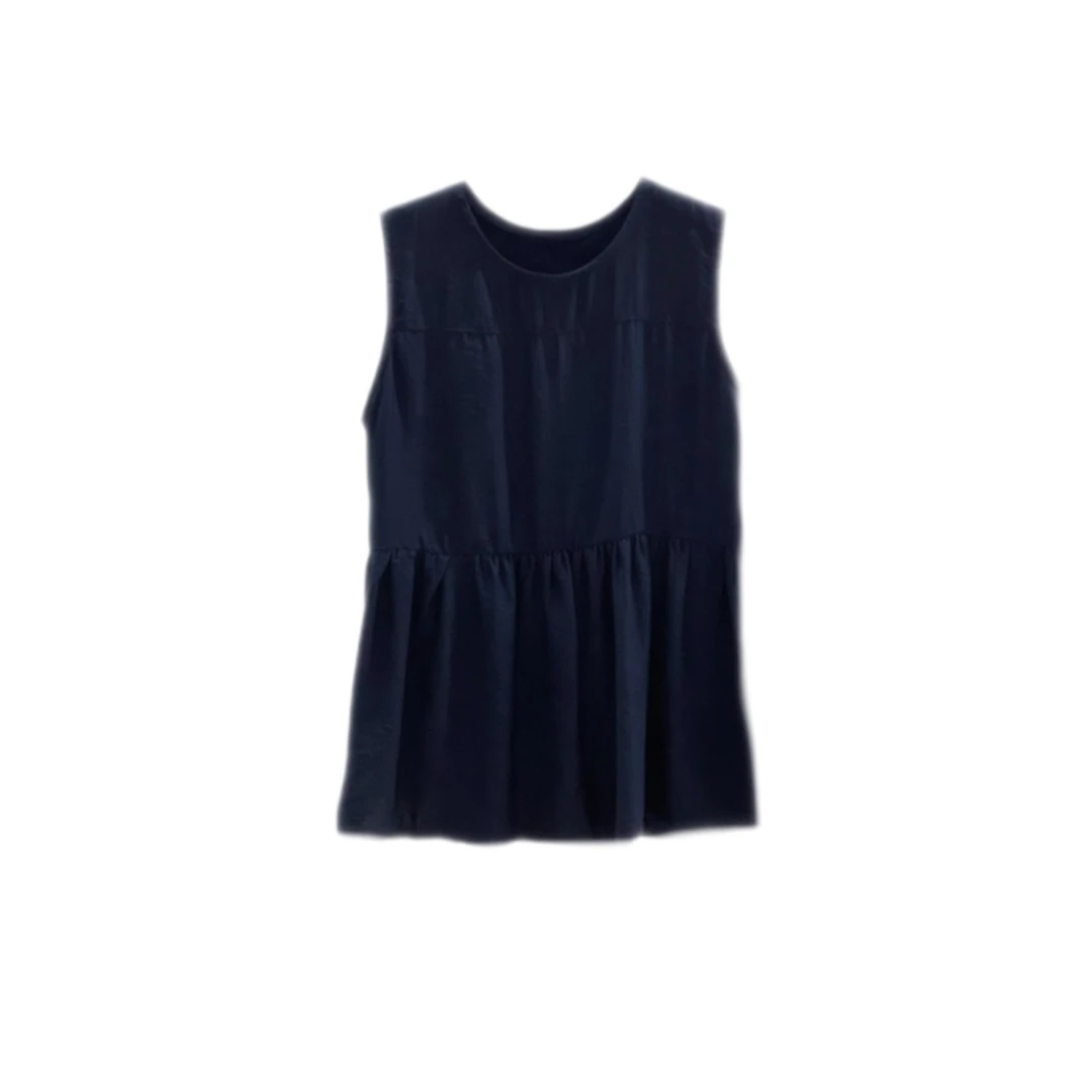 初晓2025年夏季圆领无袖T恤蕾丝夏季简约地雷系 深蓝白色黄色9518