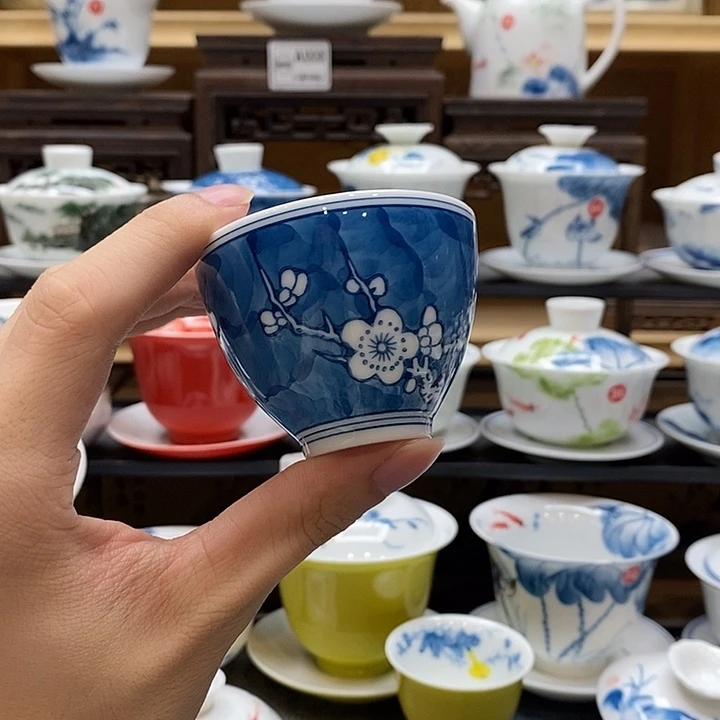 青***雨手绘冰梅杯子60cc一个装釉下彩微瑕福利款