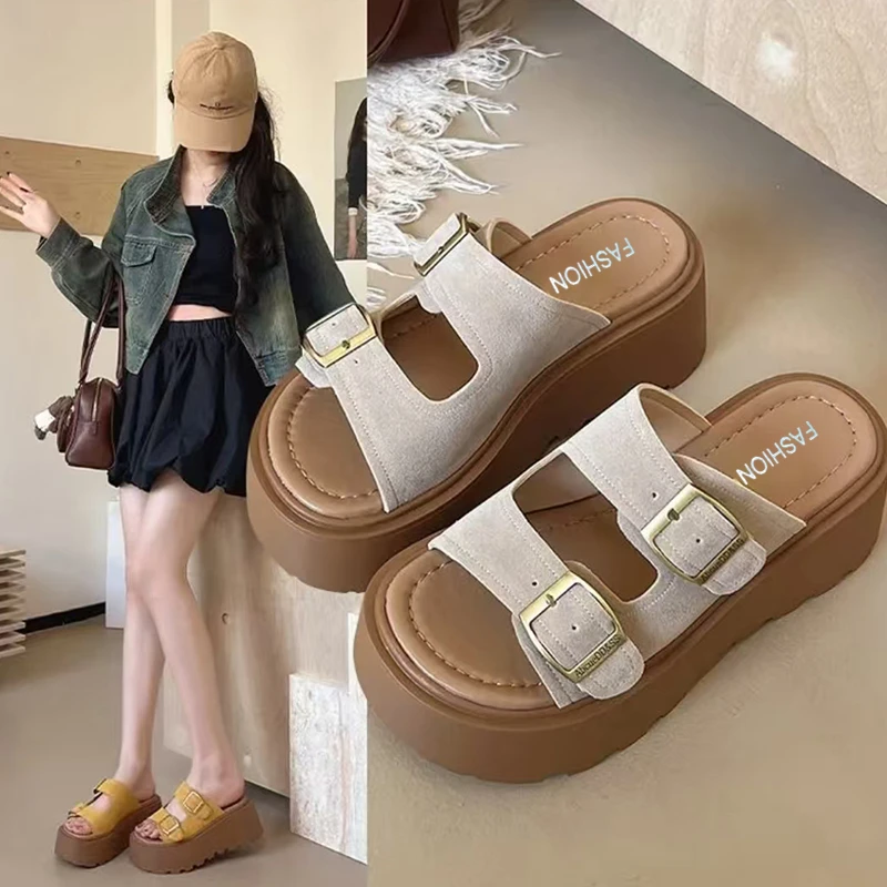 小个子勃肯拖鞋女外穿2025新款夏厚底凉鞋 增高5厘米一字博肯凉拖