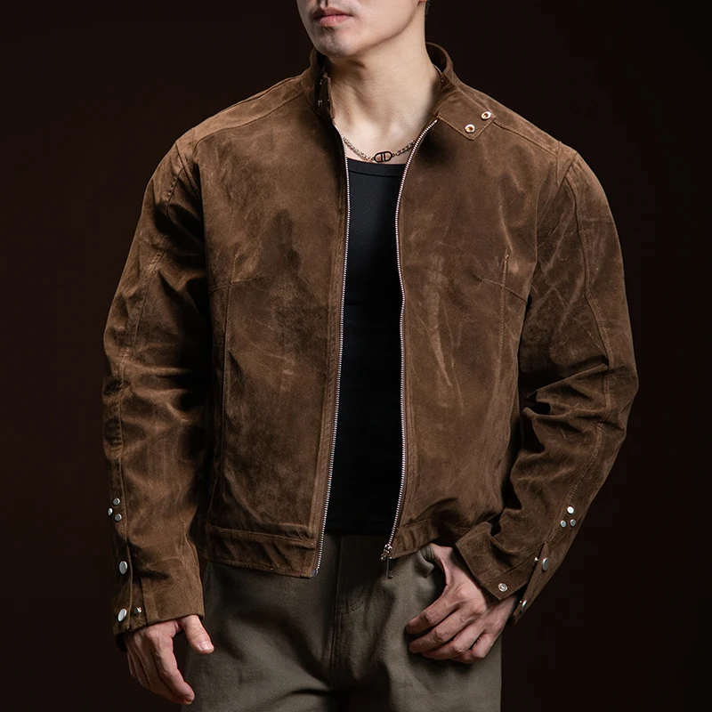 BARBRO男士复古夹克立领外套春秋休闲宽松美式做旧老钱风潮流外套