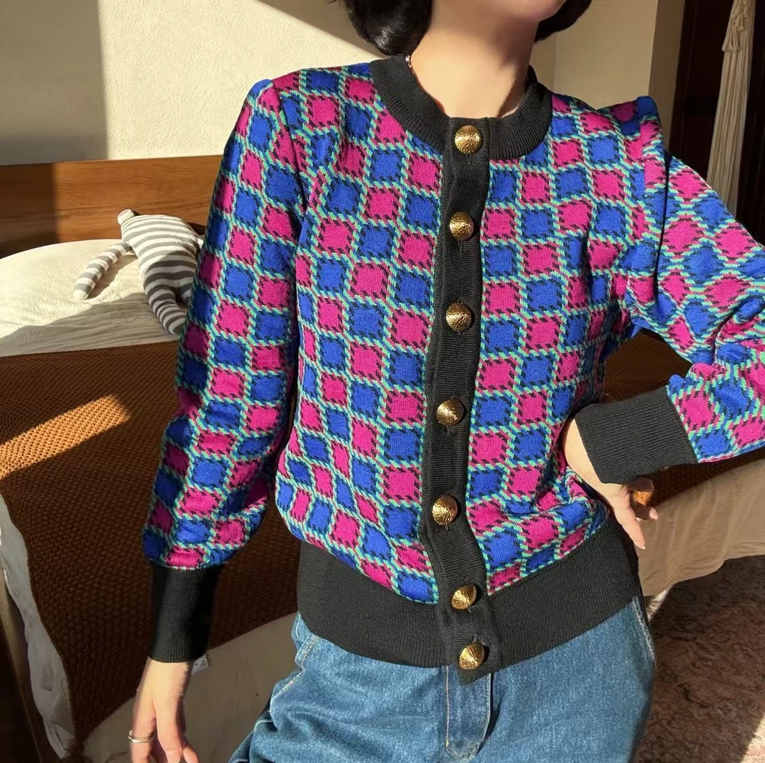 95新 YSL/圣罗兰 圣罗兰/彩色方块毛衣
