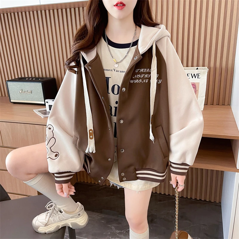 2024春秋新款大码女装微胖mm字母刺绣抽绳连帽大码卫衣棒球服外套