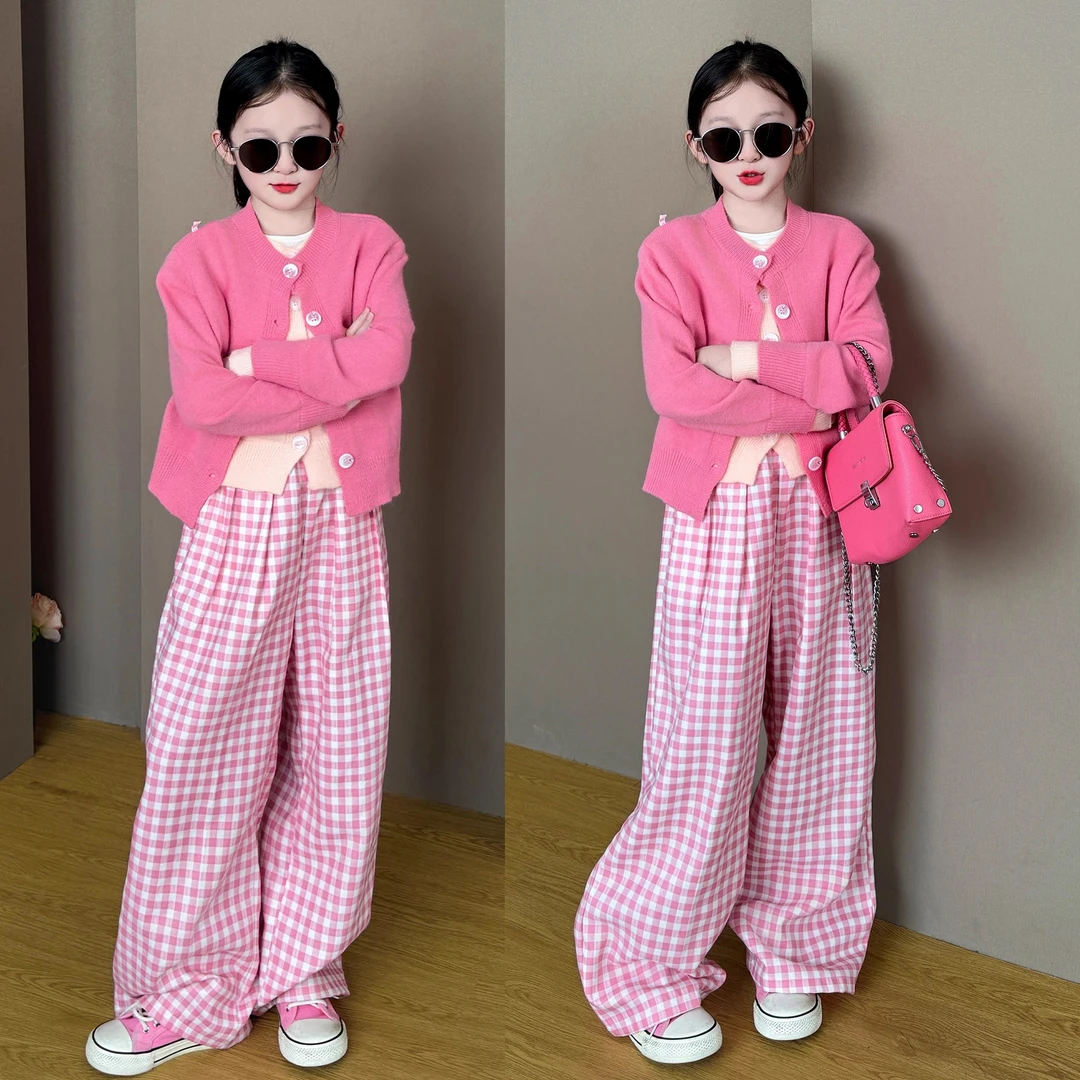 女童2025新款韩系穿搭甜美休闲假两件毛衣宽松格子阔腿裤两件套潮