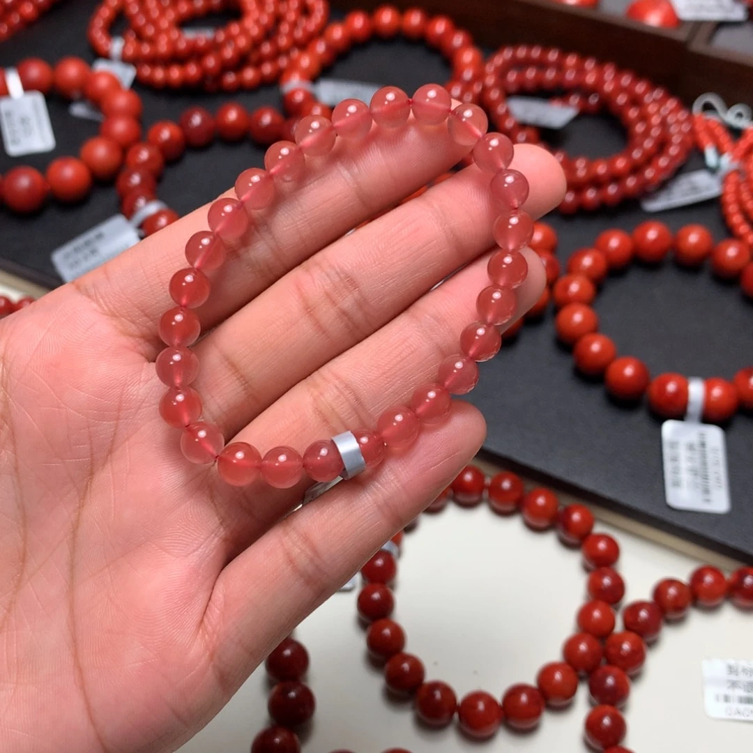 南红玛瑙未镶嵌手串6.4mm+樱桃粉圆珠手串