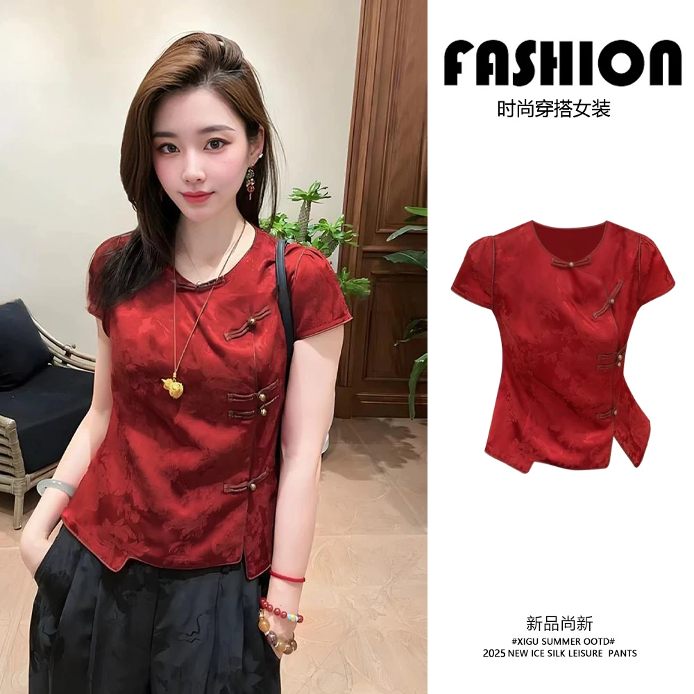 2025超火洋气减龄上衣新中式国风高级小众不撞款红色短袖T恤夏季