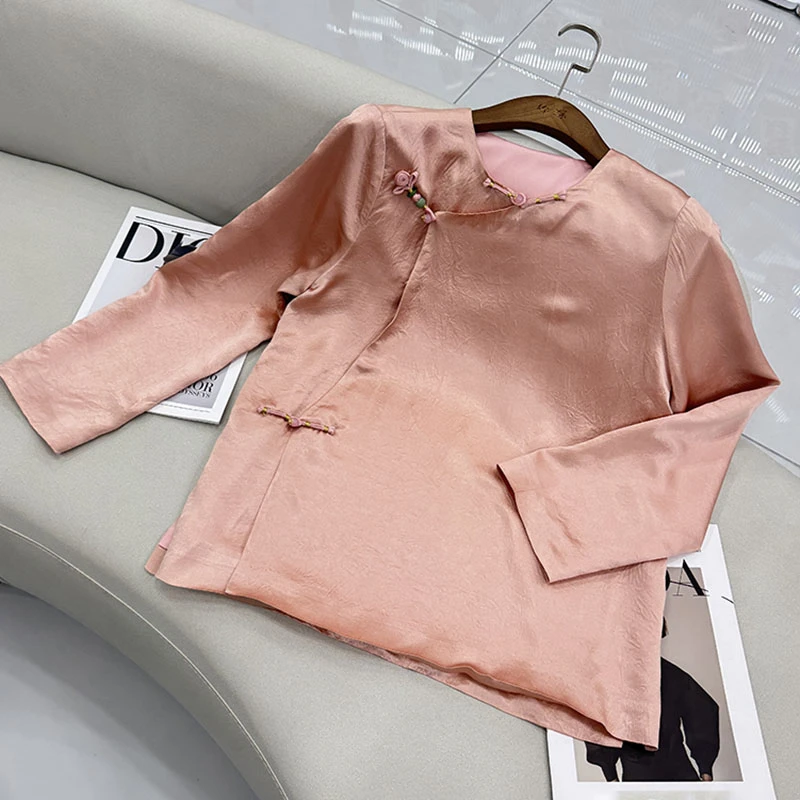 春季国风斜襟盘扣设计感新中式宽松极简垂感轻奢醋酸上衣女 MZ018