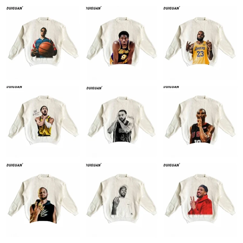 秋冬圆领针织衫篮球球星美式数码直喷印花815g潮男情侣保暖毛衣