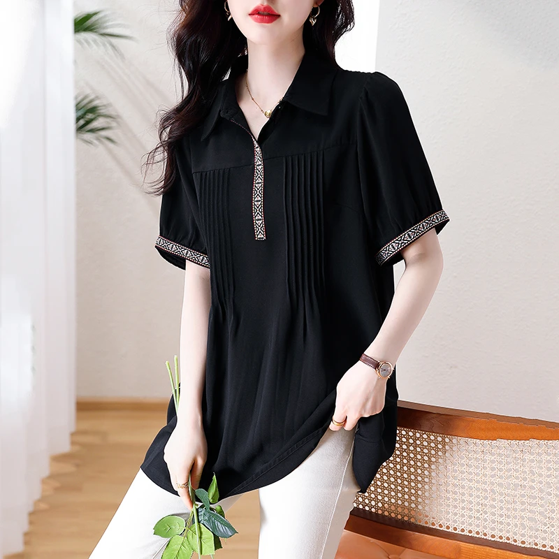 胖mm大码女装气质简约撞色T恤上衣宽松减龄遮胯短袖雪纺打底衫潮