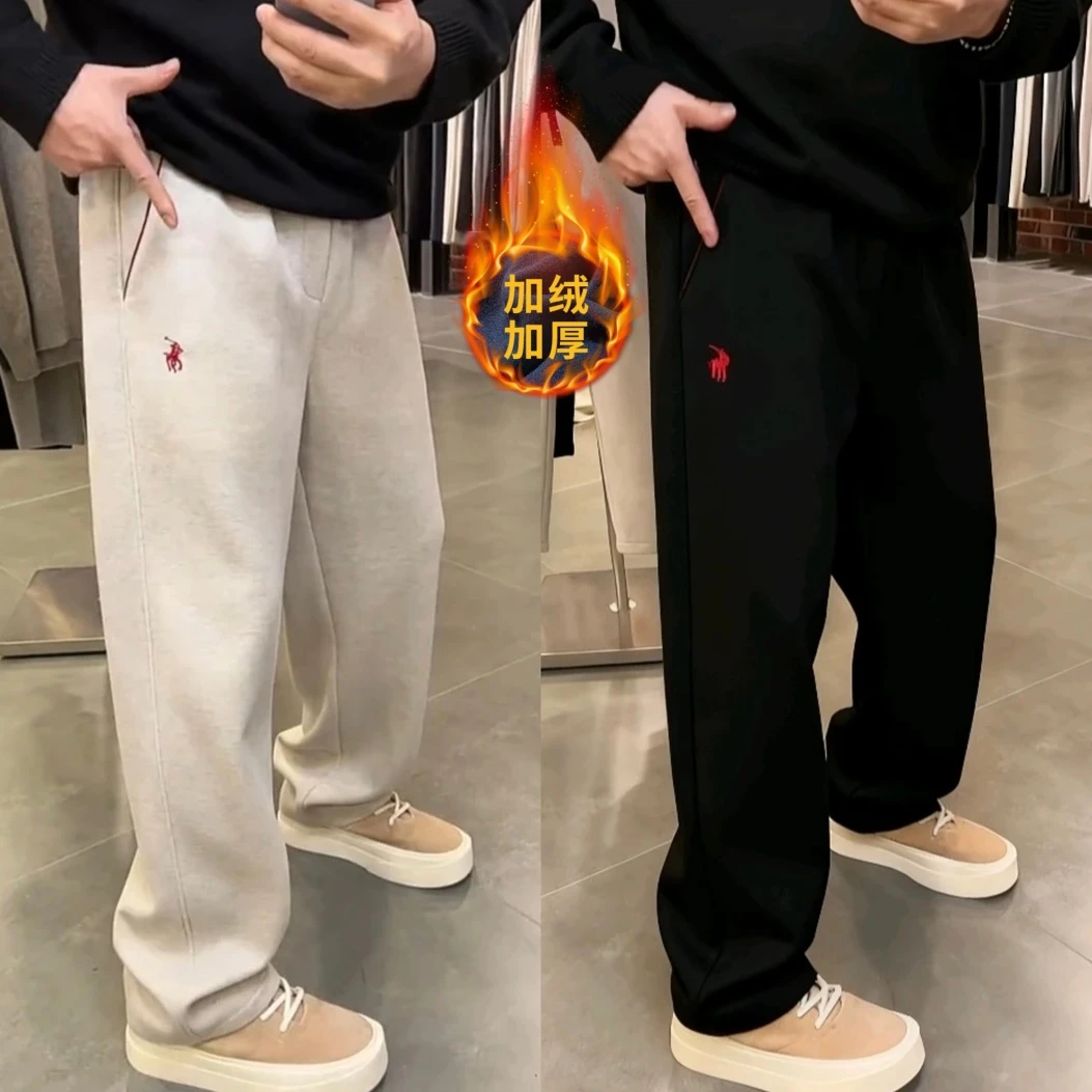 秋冬新品加绒加厚战马刺绣立体剪裁宽松直筒休闲裤F1681