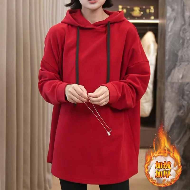 韩系红色连帽卫衣女款冬季加绒加厚小个子时尚洋气宽松慵懒风上衣