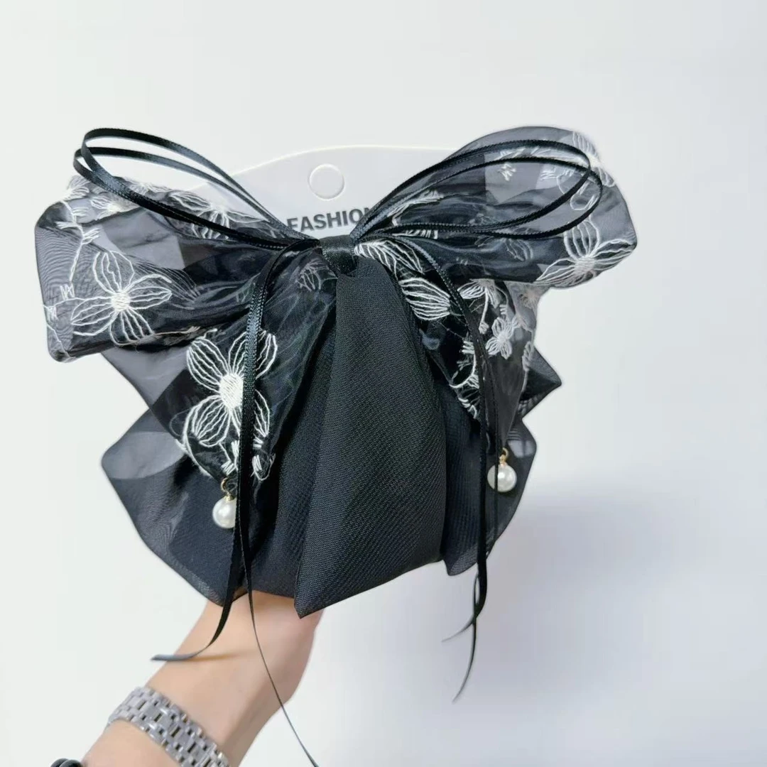 复古高级感黑色雪纺印花发夹抓夹时尚网红马尾抓鲨鱼夹发饰女3498