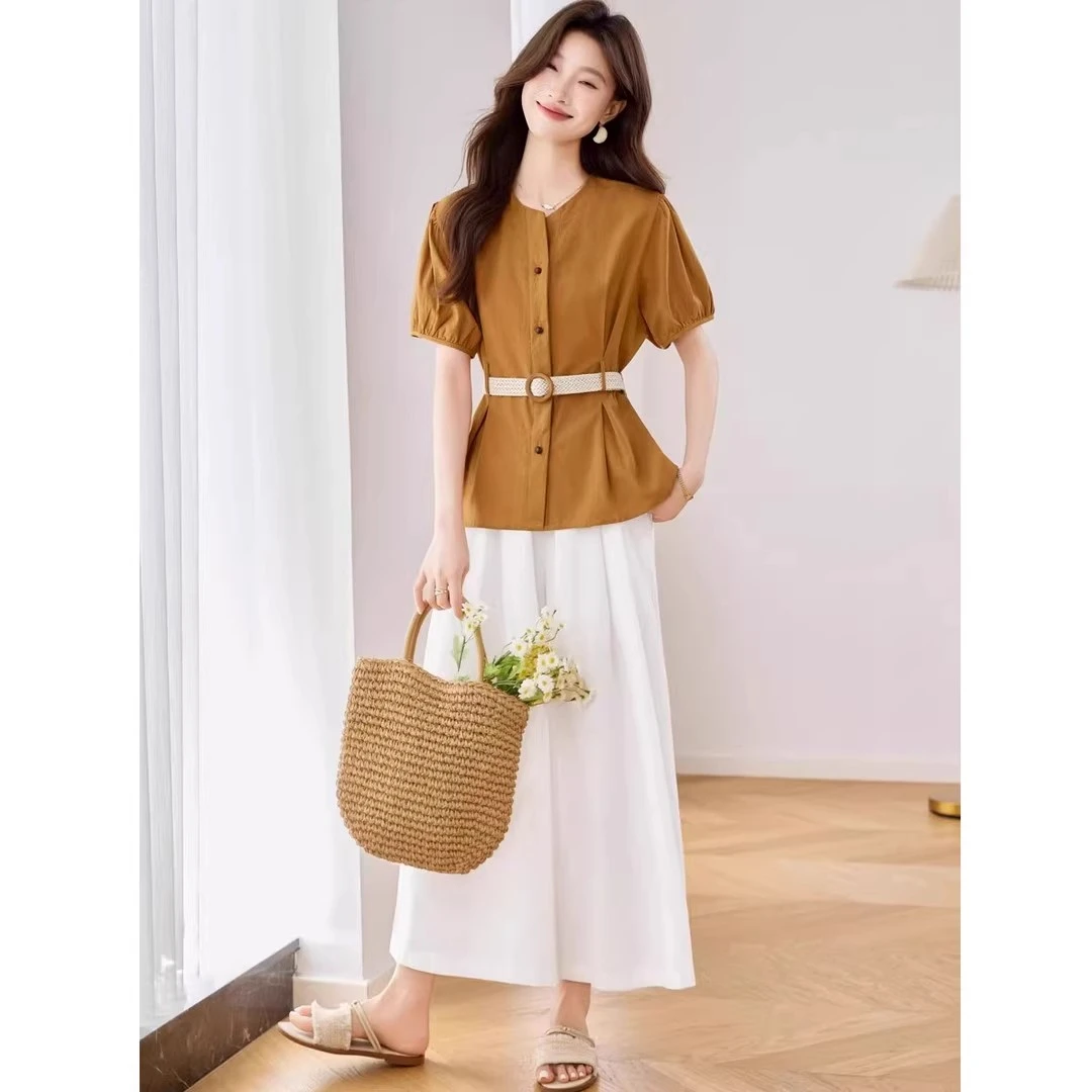 〈纪朵研〉0927夏季新款轻奢高级感法式掐腰衬衫九分阔腿裤两件套