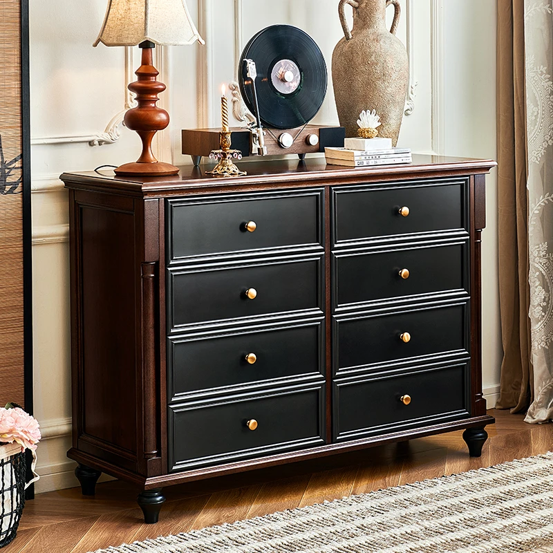 中古风黑色全实木八斗柜客厅靠墙斗橱卧室法式复古收纳储物柜子
