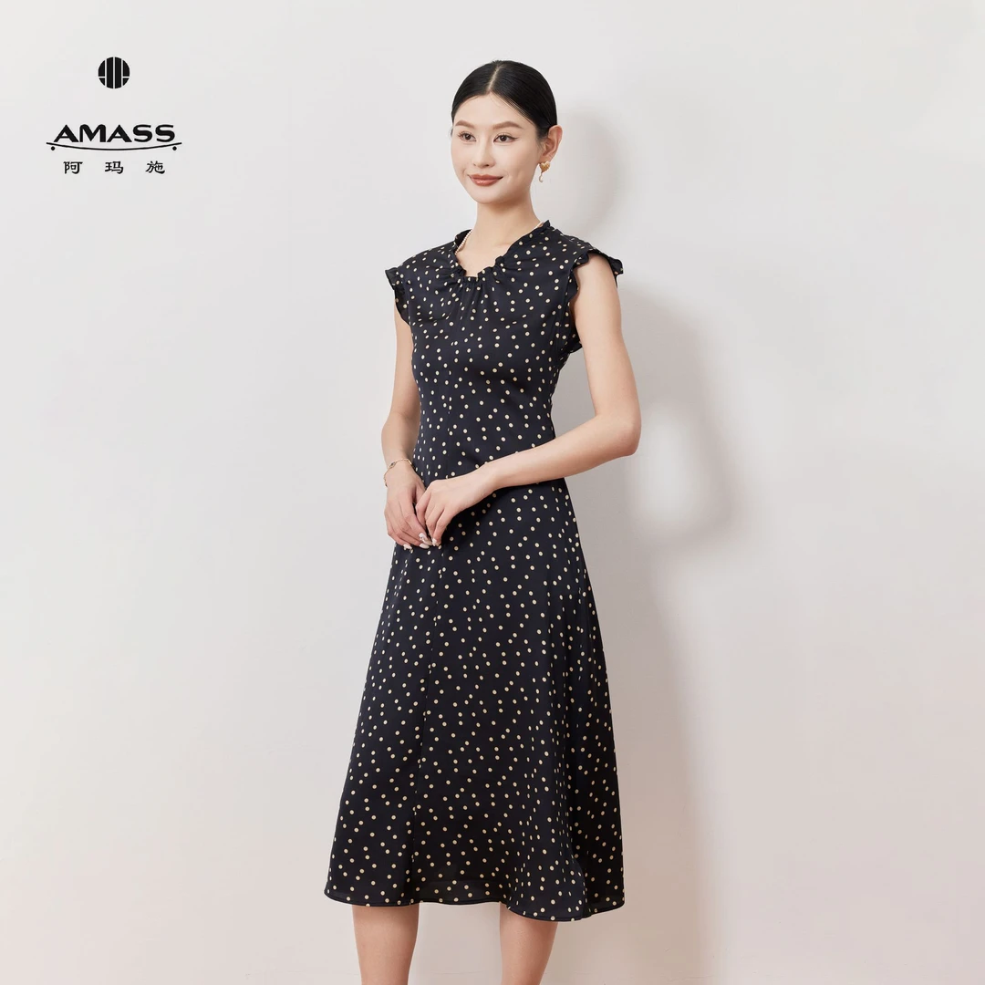 AMASS/阿玛施气质优雅气质花边袖抽绳领口波点连衣裙550009-1S222