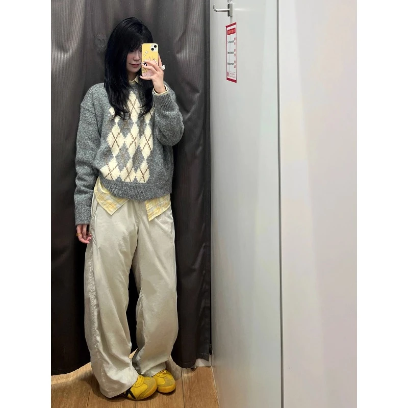 复古费尔岛提花菱格灰色套头毛衣女秋冬加厚慵懒风内搭针织衫上衣