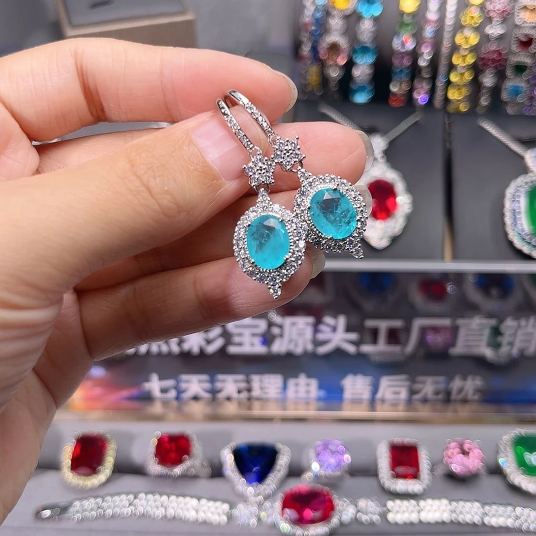 帕拉依巴碧玺耳饰银S925镶嵌133