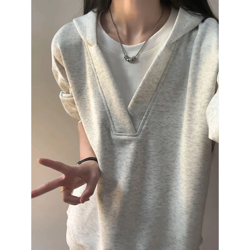 白灰色假两件卫衣男款连帽春秋季小众设计感cleanfit外套重磅美式