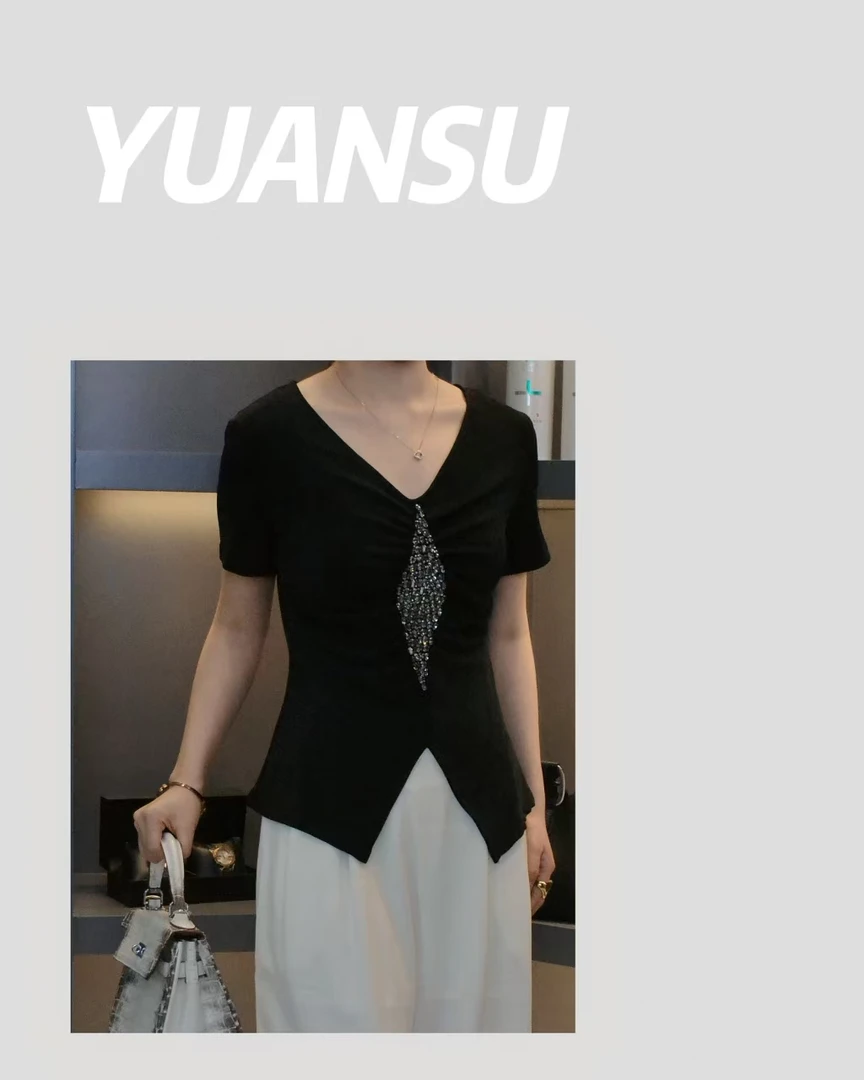 【媛媛定制】 V领夏季-大爆款轻奢短袖手工缝钻时尚高定6631