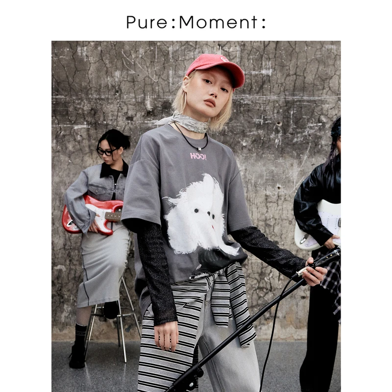 小麦檬Pure:Moment:卡通印花假两件中灰长袖T恤四季4G2201671-1