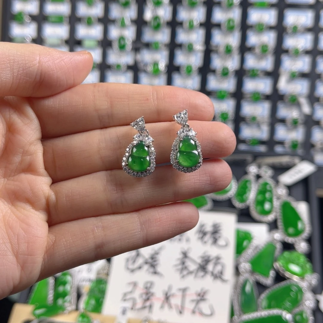 翡翠戒指银S925镶嵌葫芦耳钉