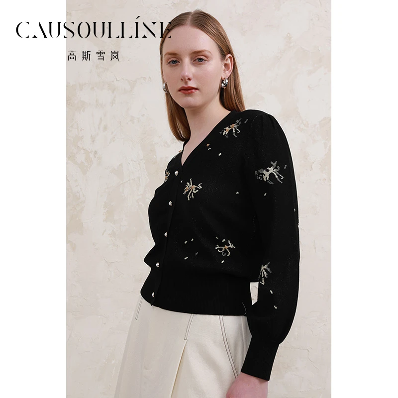 高斯雪岚【春季上新】V领套头衫修身百搭针织衫女25113053