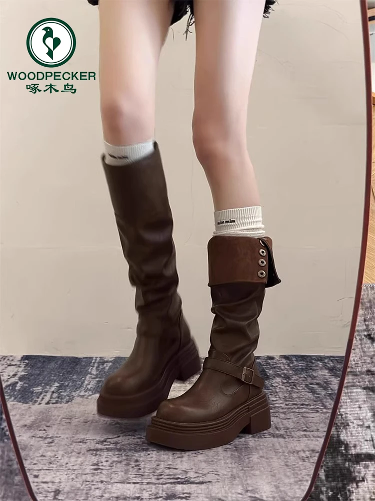 啄木鸟高筒靴夏季厚底长筒靴女2025新款显瘦增高小个子粗腿骑士靴