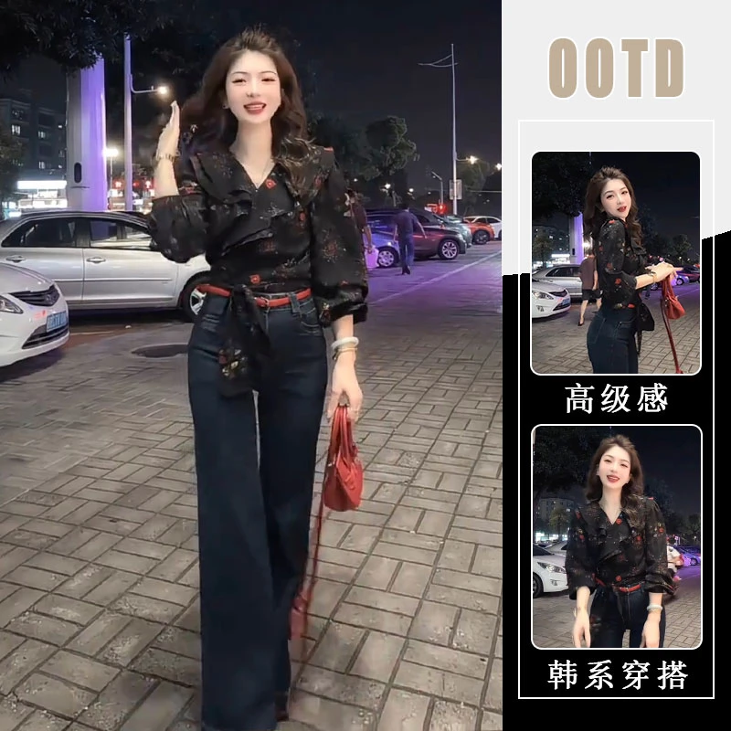 系带碎花炸街长袖上衣2025秋季新款蓝色牛仔裤时尚减龄洋气两件套
