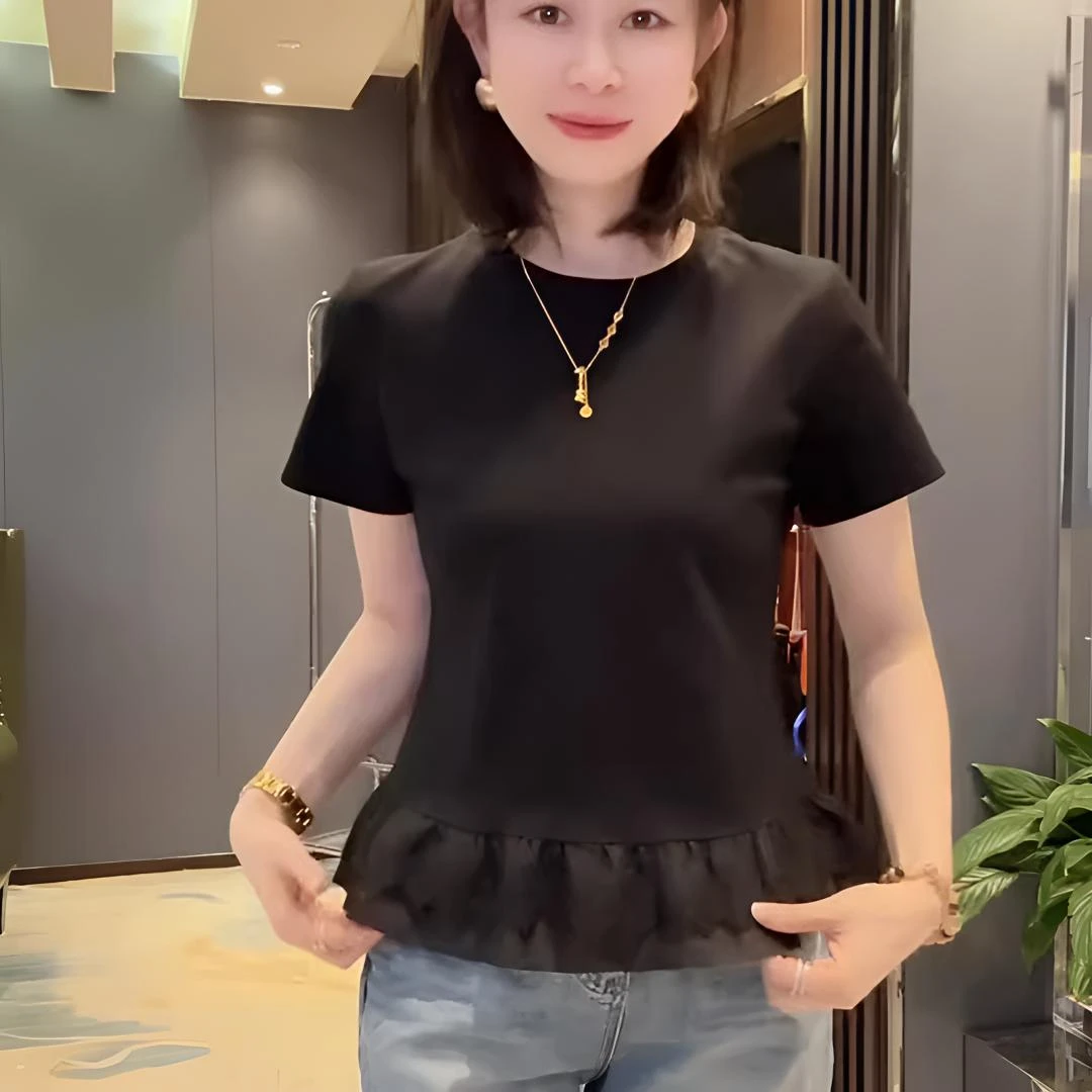 100%纯棉设计感蕾丝拼接短袖T恤女2025夏季新款修身百搭小众女装
