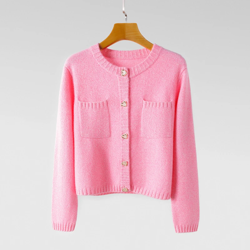 2024秋冬新款100山羊绒开衫女圆领带兜毛衣短款小香风外套上衣