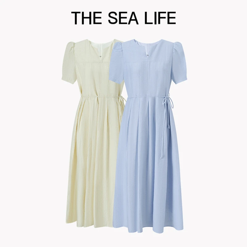 欧海一生蓝色冰丝连衣裙显瘦25夏亚麻混纺连衣裙thesealife200110