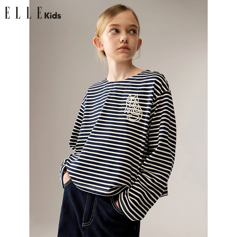 ELLE KIDS 猫咪绳绣长袖T恤女童秋季新款经典条纹宽松落肩上衣Q1