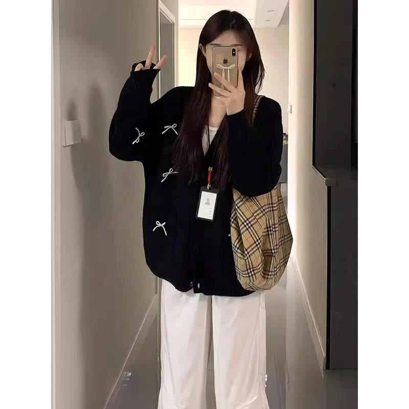 秋冬chic韩系黑色毛衣外套女2025新款蝴蝶结慵懒风针织开衫女上衣