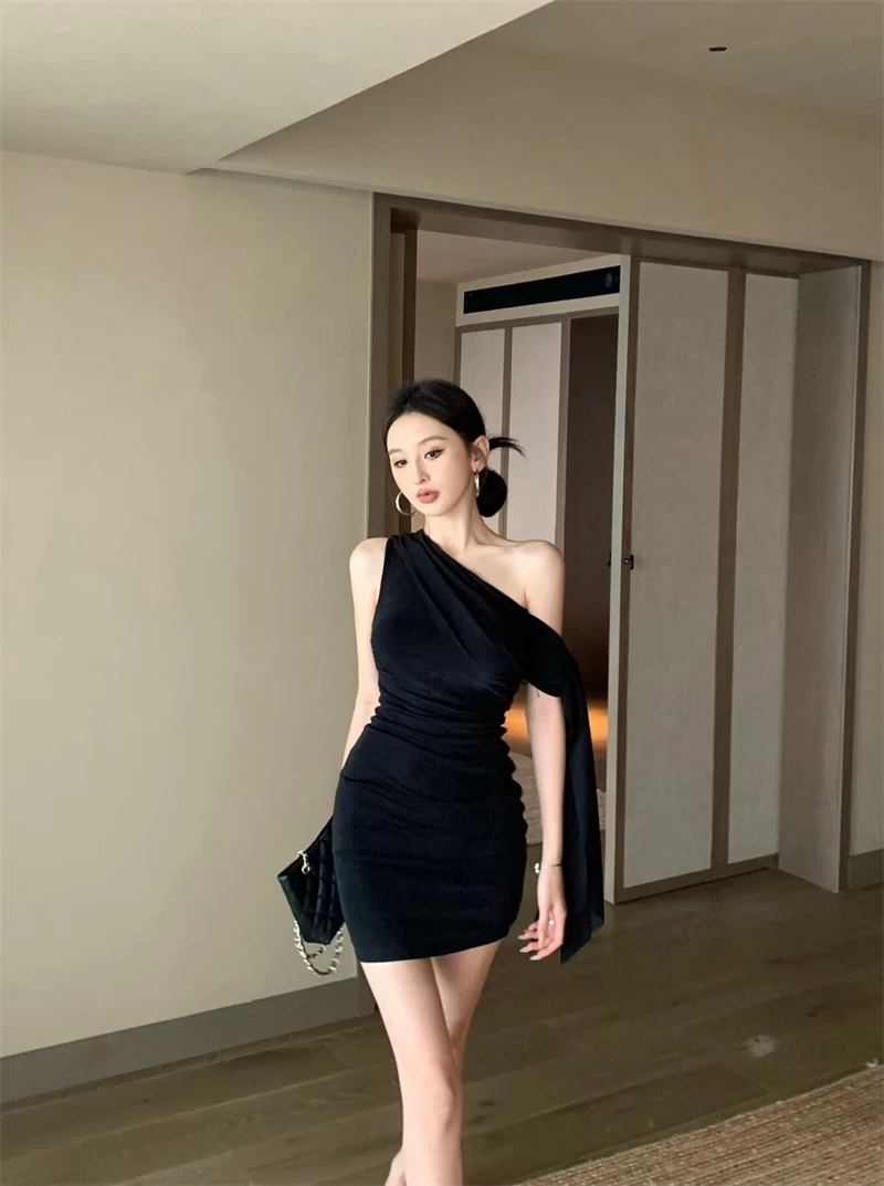 斜肩飘带性感小个子修身显瘦收腰包臀连衣裙#22685
