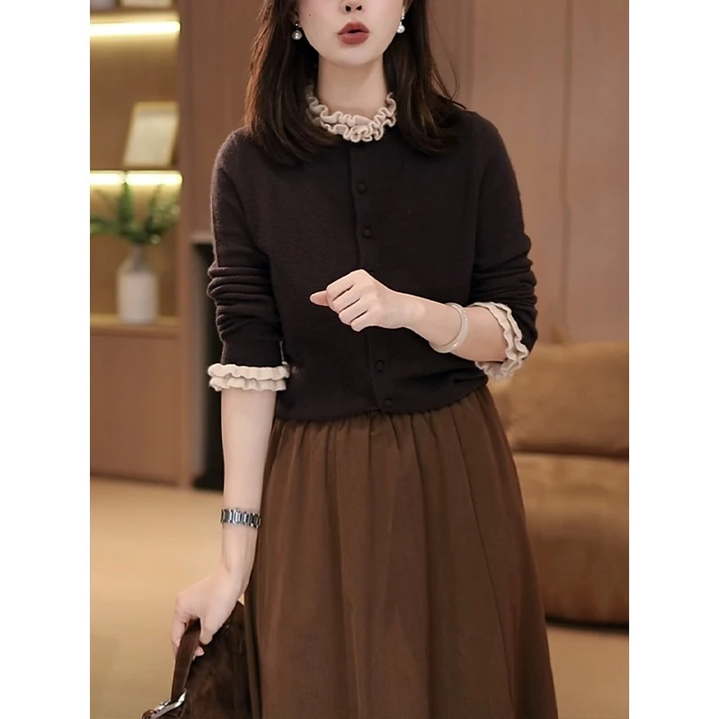 法式木耳边撞色拼接针织开衫女2025秋冬新款时尚显瘦打底衫上衣潮