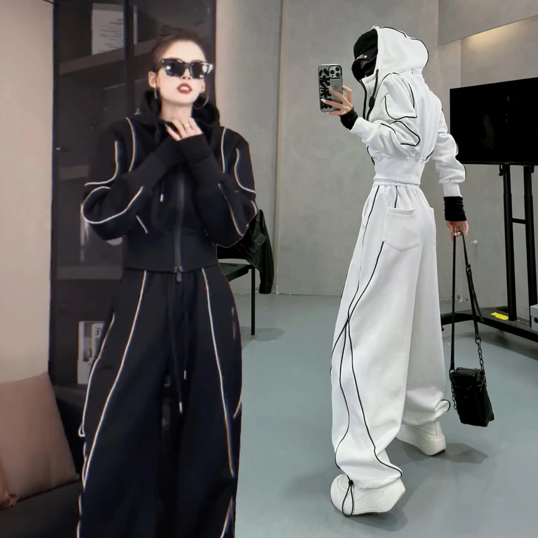 酷飒撞色条运动服套装女春秋2025欧货爆款收腰连帽卫衣外套阔腿裤