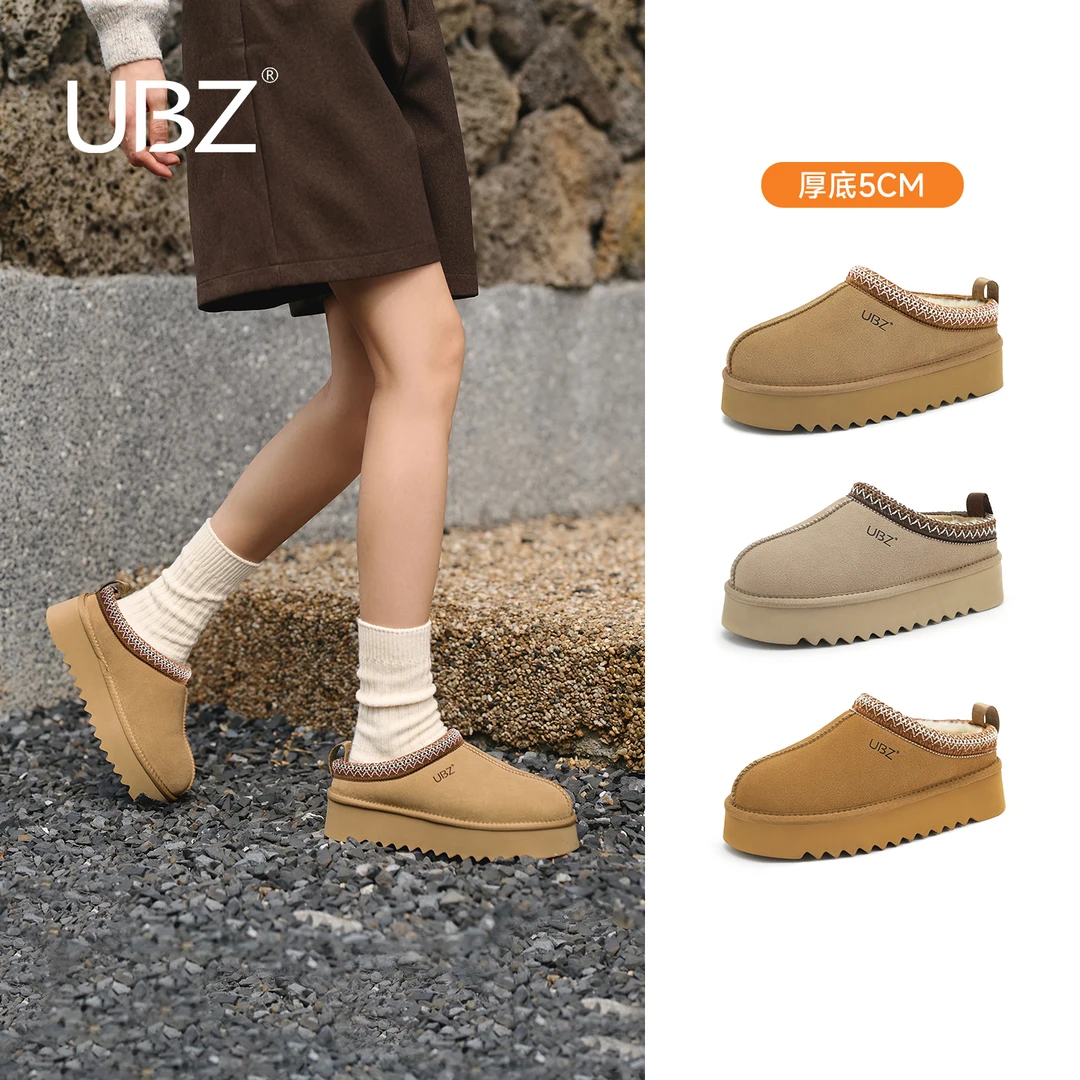 UBZ防水厚底雪地靴女2025年冬新款低帮包头民族风加绒懒人棉拖鞋