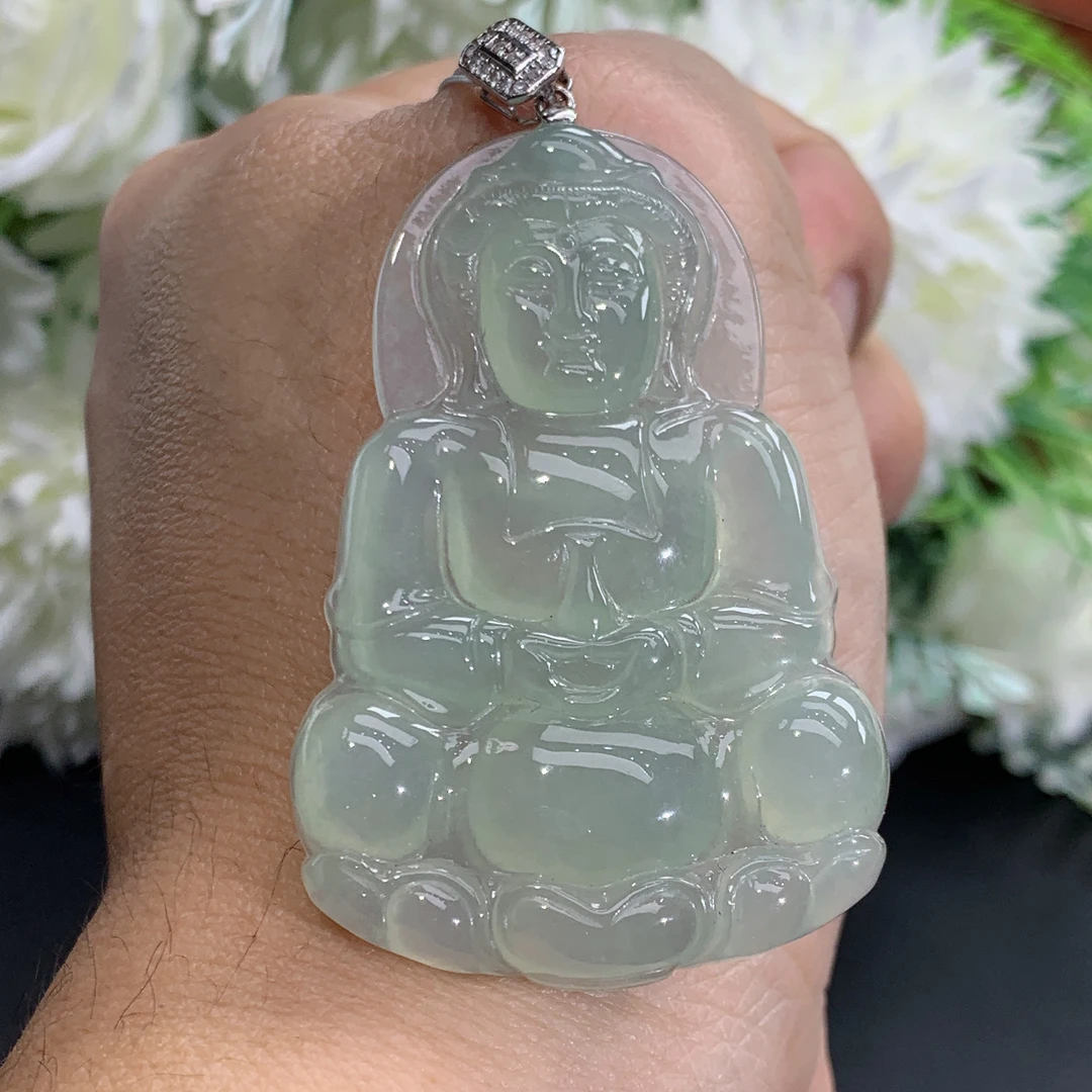 尺寸51.8×34.8×5.3缅甸天然翡翠A货冰胶晴底观音吊坠