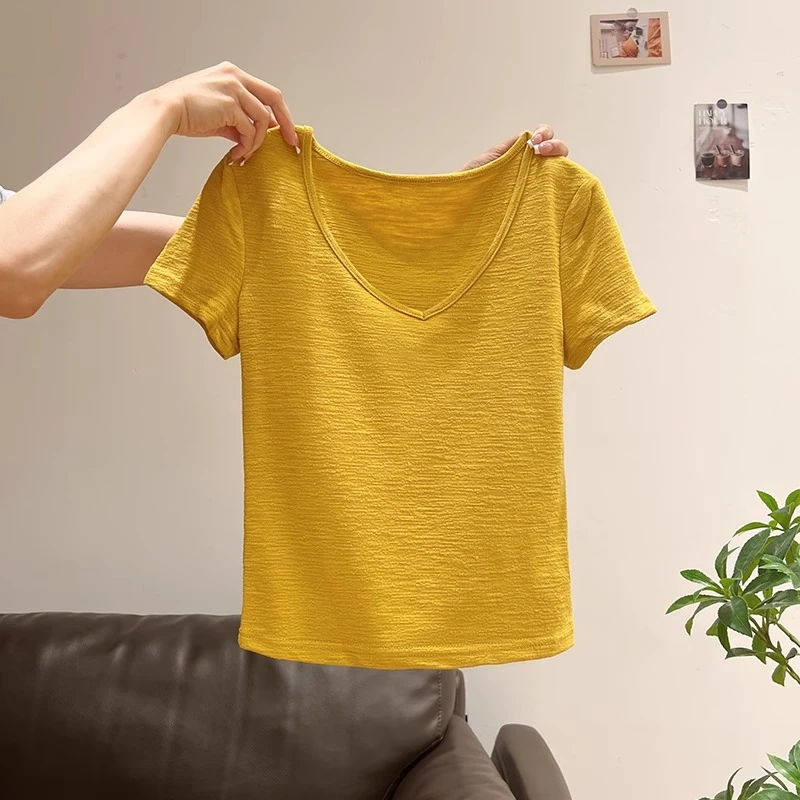 纯欲风黄色V领正肩短袖T恤女2025夏季新款内搭基础款简约修身上衣