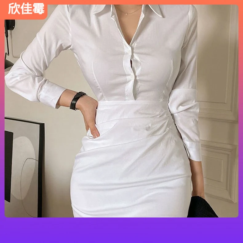12025春秋新款季女装气质极简白色衬衫裙修身显瘦长袖连衣裙女I