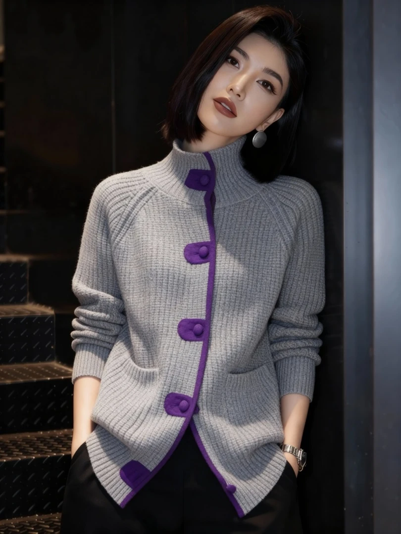 港风复古灰色高领针织开衫2025秋冬季新款老钱风休闲毛衣外套宽松