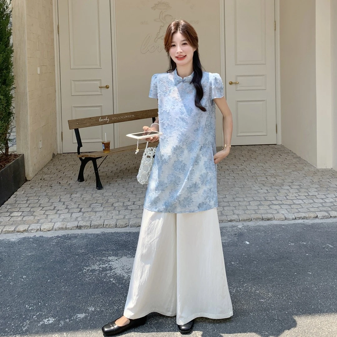 2025爆款新中式国风休闲提花上衣+气质阔腿裤套装女夏盘扣两件套
