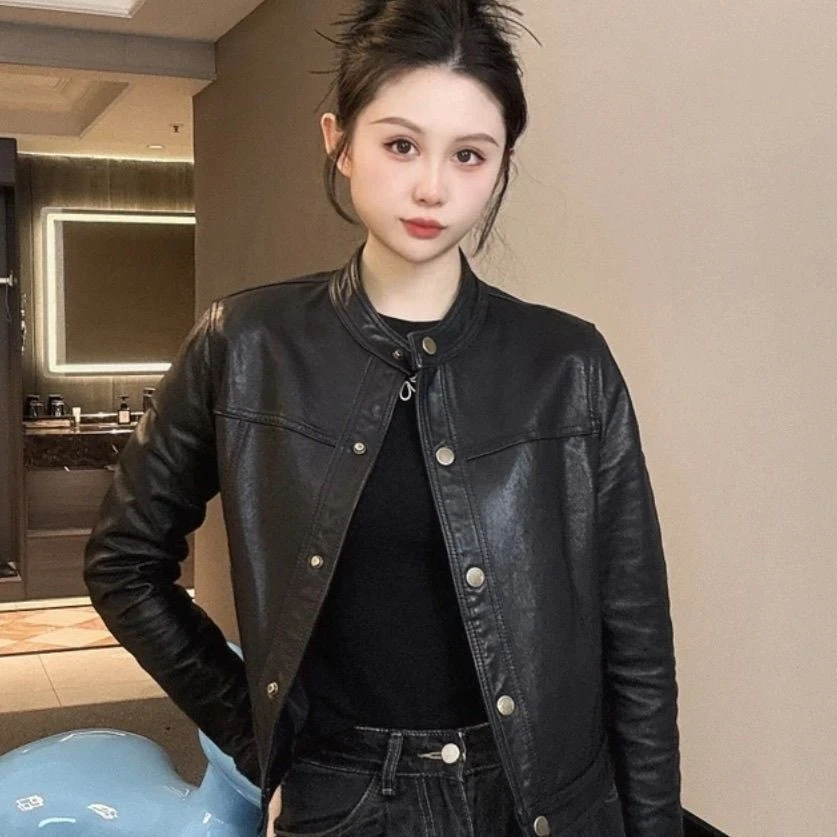 小个子皮衣条纹炸街女短款外套机车韩版复古外套网红洋气炸街女装