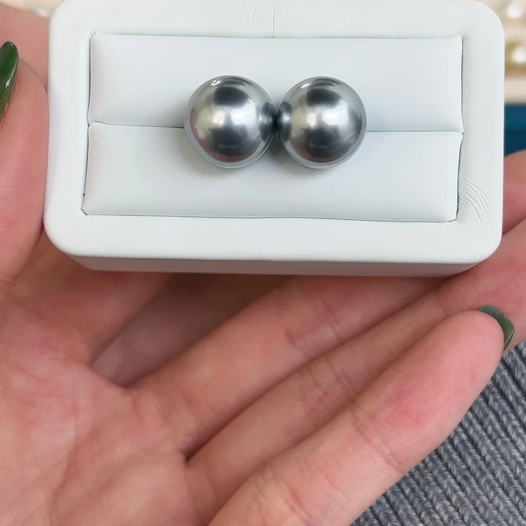 定制海水珍珠耳饰银S925镶嵌11-12mm铂金灰素钉