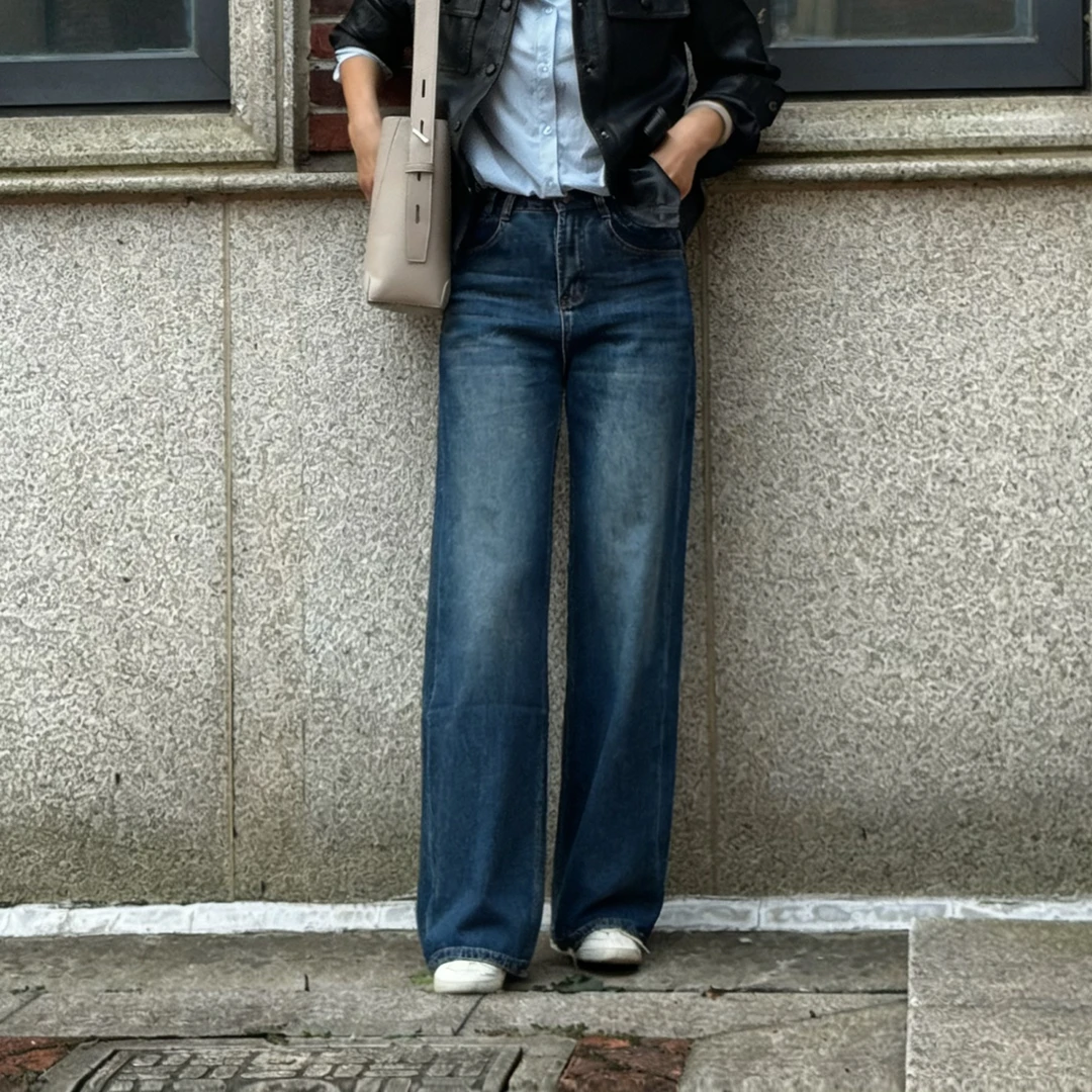 秋季阔腿直筒蓝色显瘦高腰牛仔裤阔腿裤