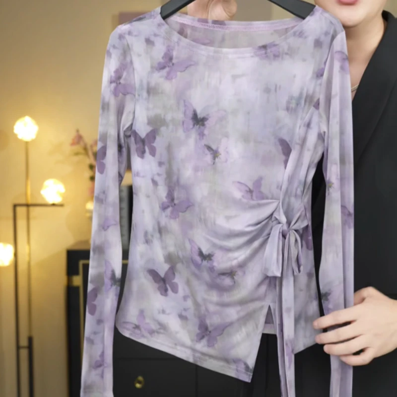 2025夏季透气网纱套衫长袖印花紫色圆领百搭夏设计师扎染