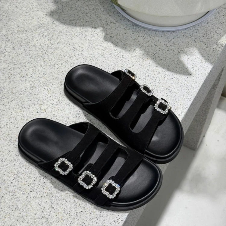欧洲站百搭休闲凉拖鞋女2025年新款厚底皮带扣一字拖水钻显白拖鞋
